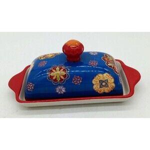 Dutch Wax Hand Painted Covered Butter Dish Mandala Floral Artistic Accents
